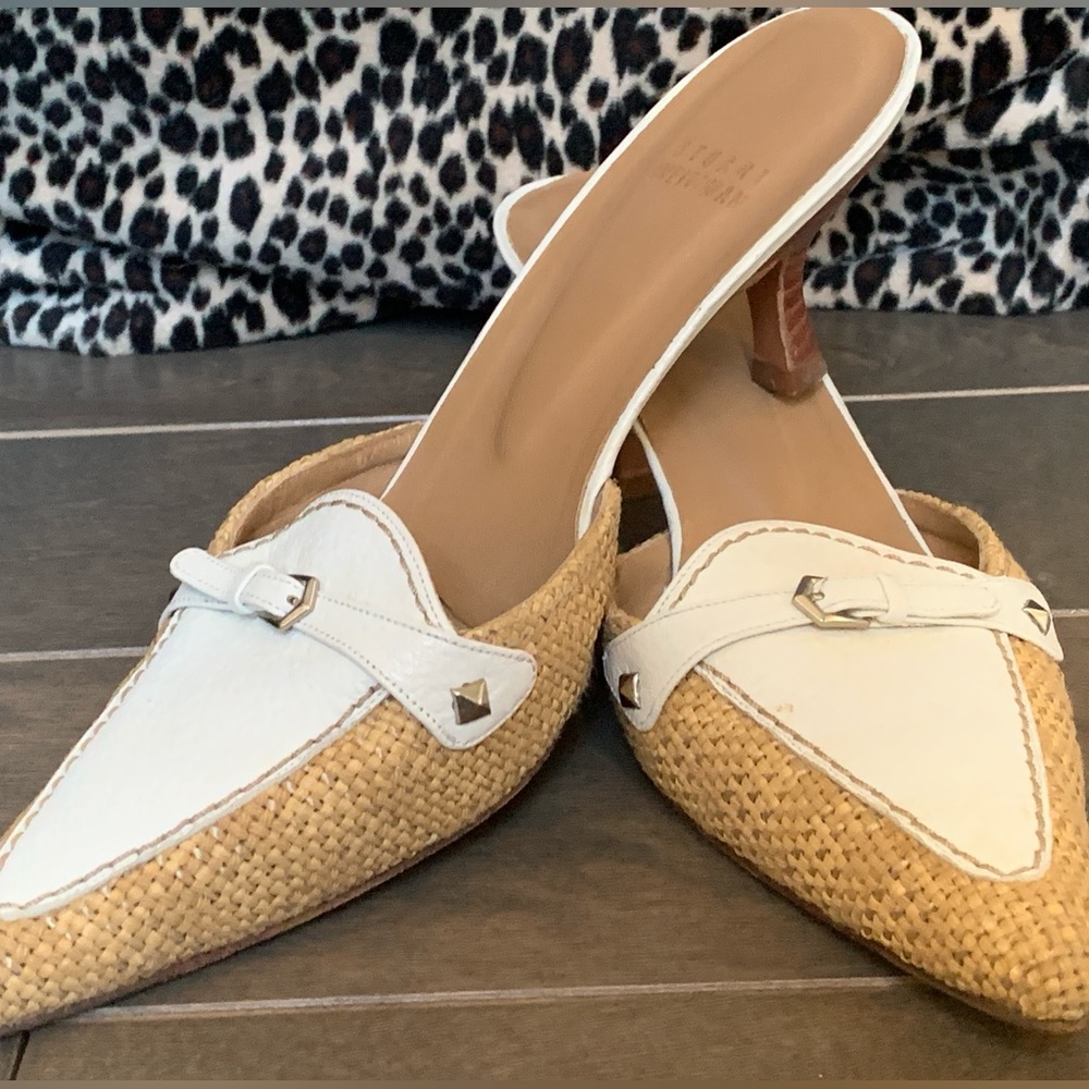 Stuart Weitzman straw and leather slide kitten-heels. Size 7 1/2. Worn once!